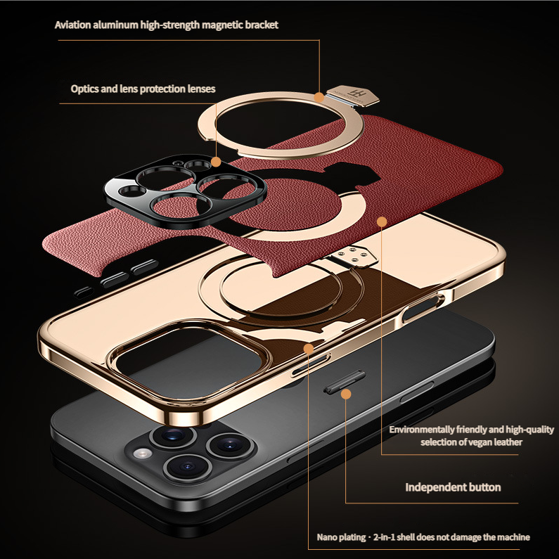 MagSafe Leather TPU Back Cover with Hidden Kickstand iPhone Case