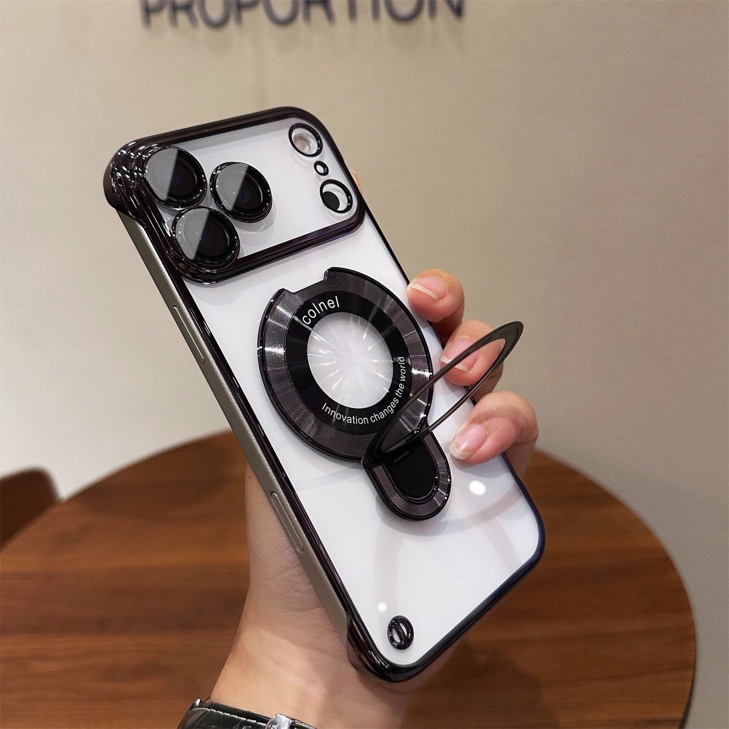 Ultra-Slim Frameless Magnetic Stand Case with Glass Lens Protector for Apple iPhone 17 / 16 / 15 Series