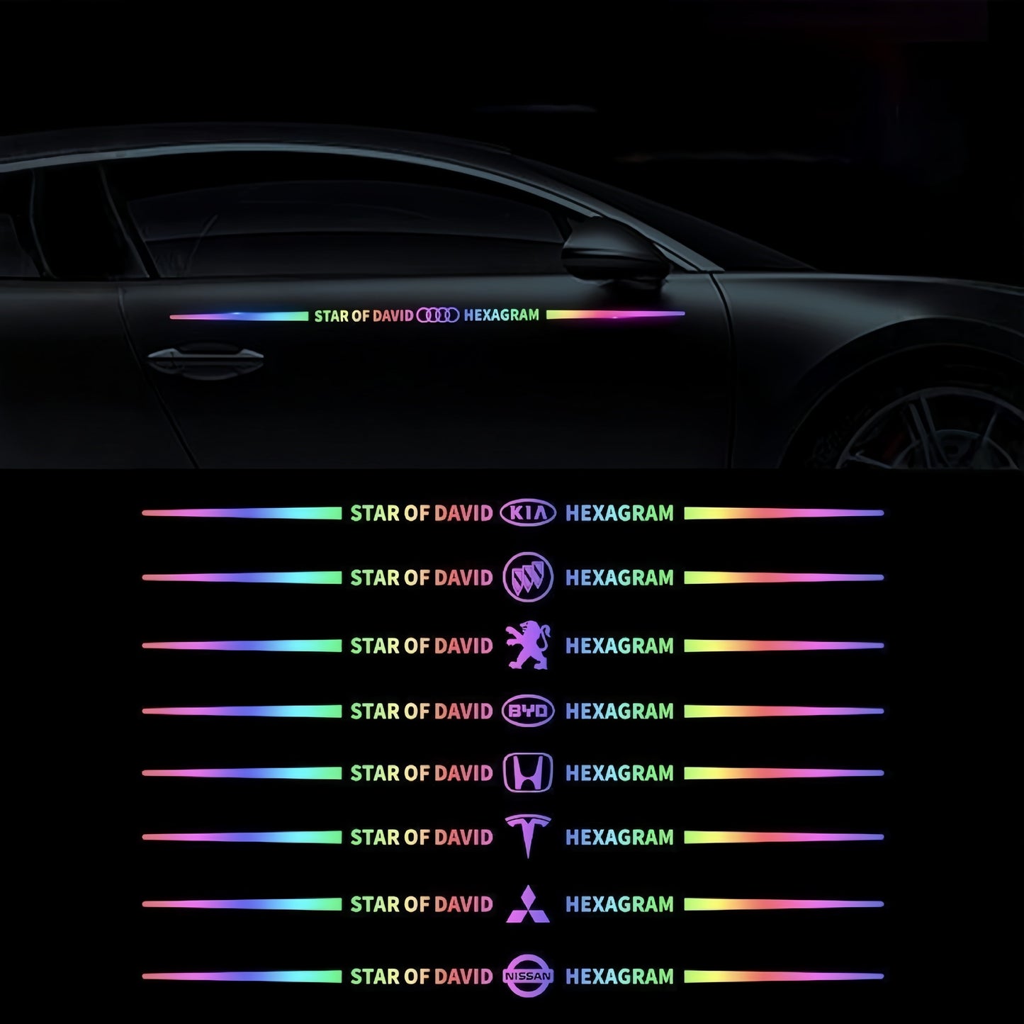 Car logo colorful stickers, car color-changing laser reflective car stickers, personalized A-pillar car door and hood stickers.