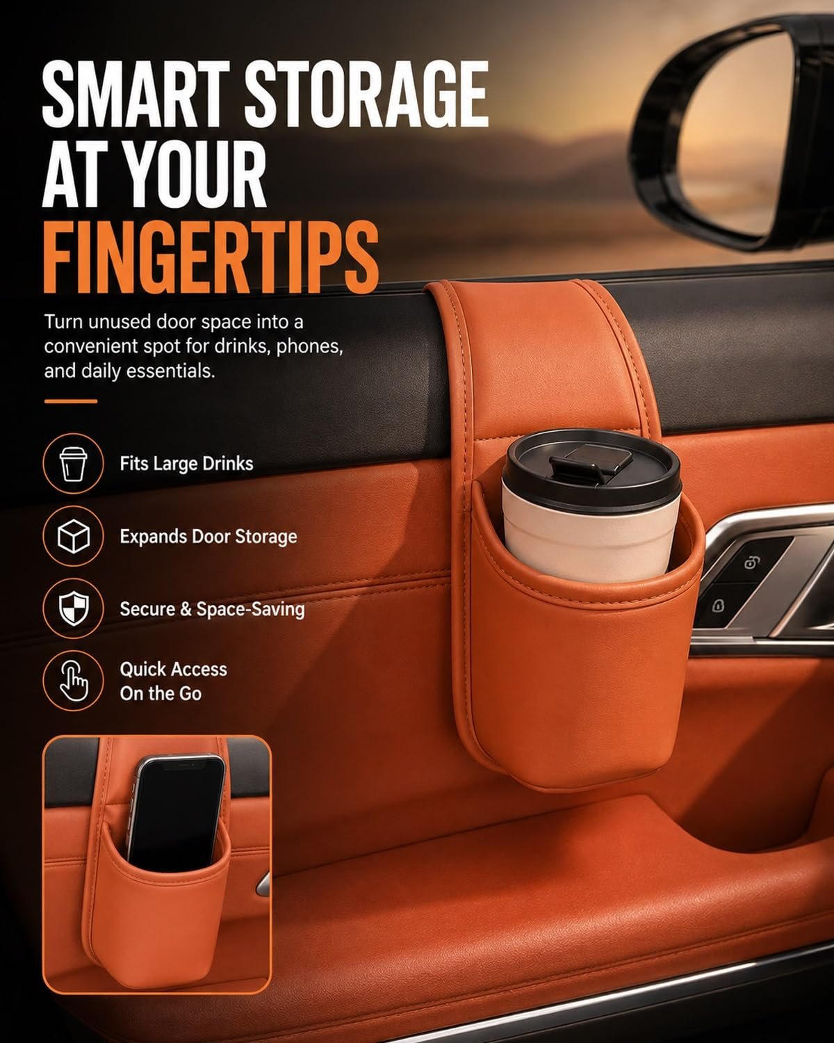 💡 Car Door Side Storage Bag | Drink Cup & Phone Holder, No‐Drill Space‐Saving Car Organiser