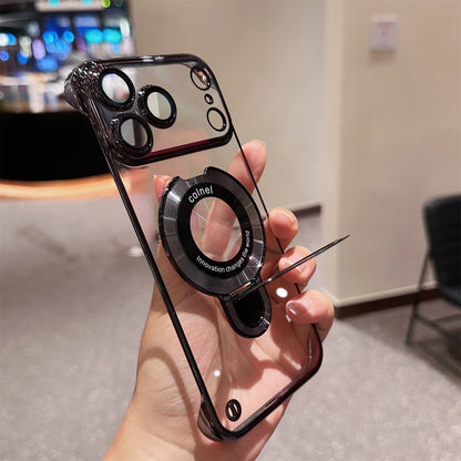 Ultra-Slim Frameless Magnetic Stand Case with Glass Lens Protector for Apple iPhone 17 / 16 / 15 Series