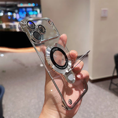 Ultra-Slim Frameless Magnetic Stand Case with Glass Lens Protector for Apple iPhone 17 / 16 / 15 Series